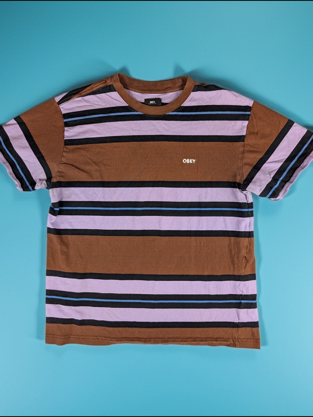OBEY Striped Brown Purple Black Blue Cotton Logo Crew Neck Men's L T-Shirt